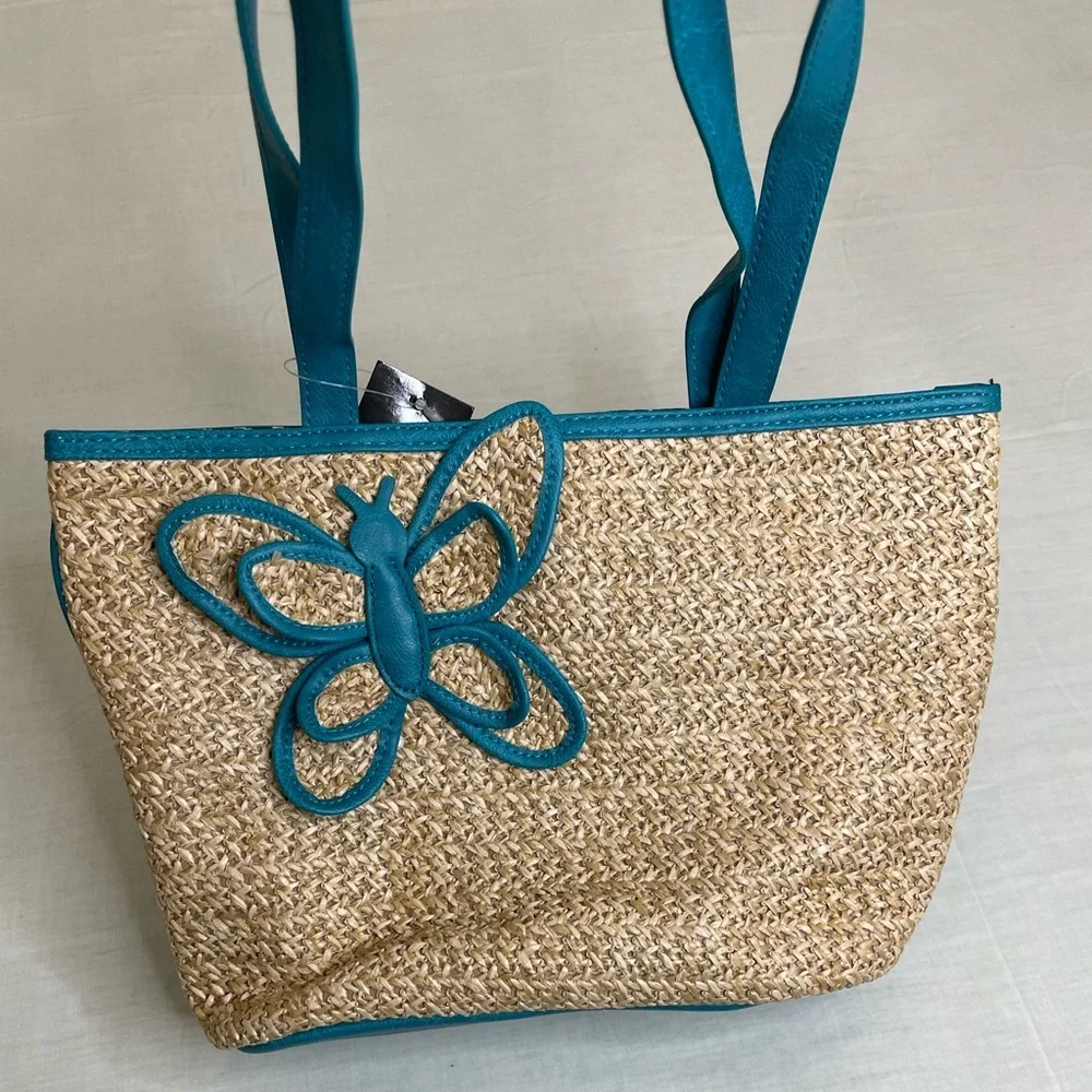Bueno Straw bag turquoise flower, turquoise polka dots lining - Picture 1 of 7